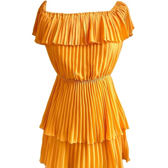 Ali & Jay Marigold Pleated Off-Shoulder Ruffle Tiered Mini Dress — S - Picture 1 of 7